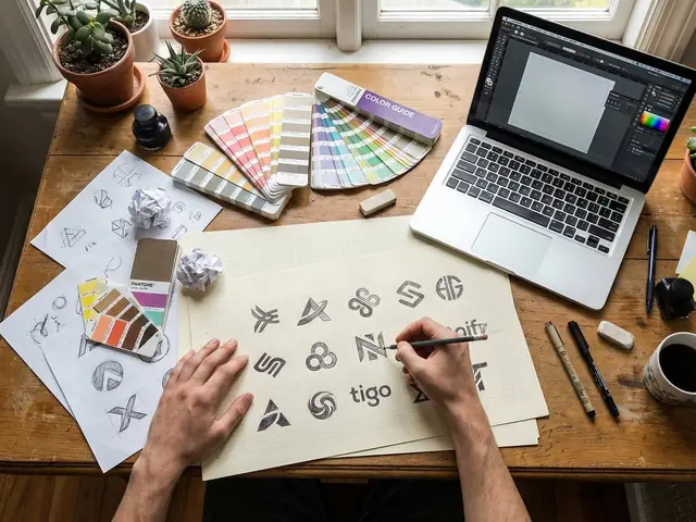 Recherche de logo : croquis de symboles et nuancier de couleurs sur un bureau
